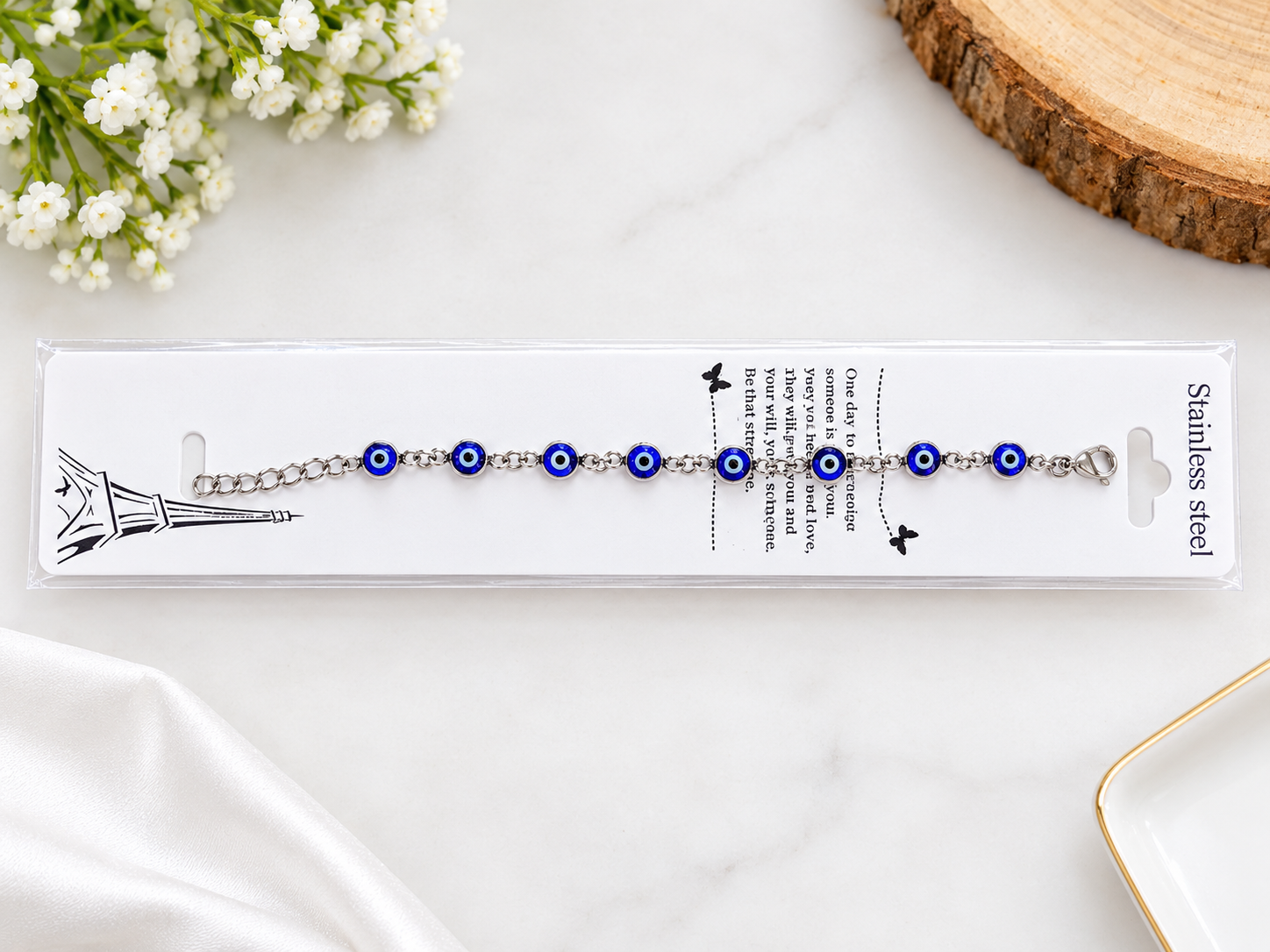 Blue Evil Eye Stainless Steel Gold Finish Bracelet for Women & Girls