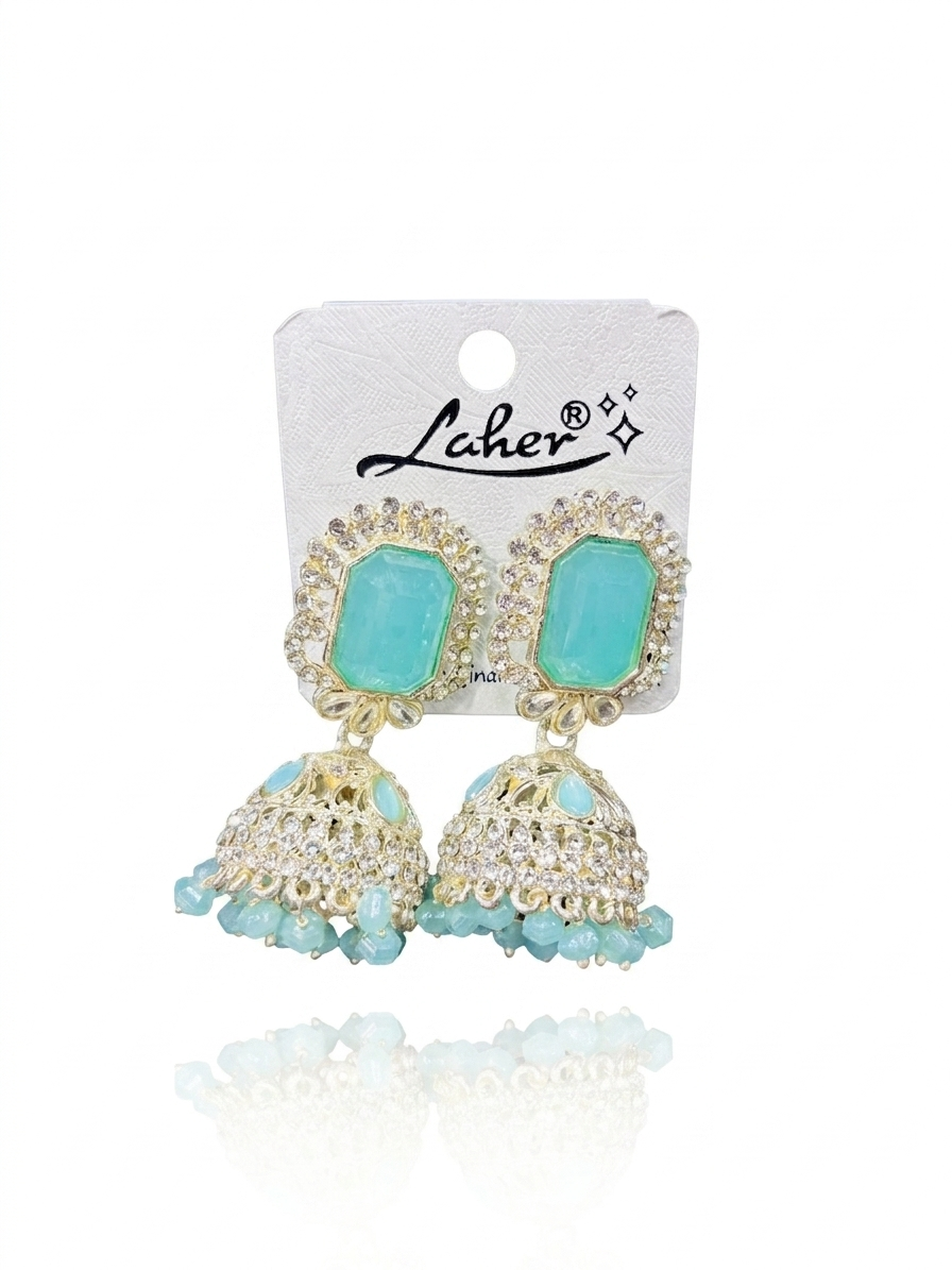 Pearls Blue Stones Cluster Beads Drop Jhumka Earring For Women