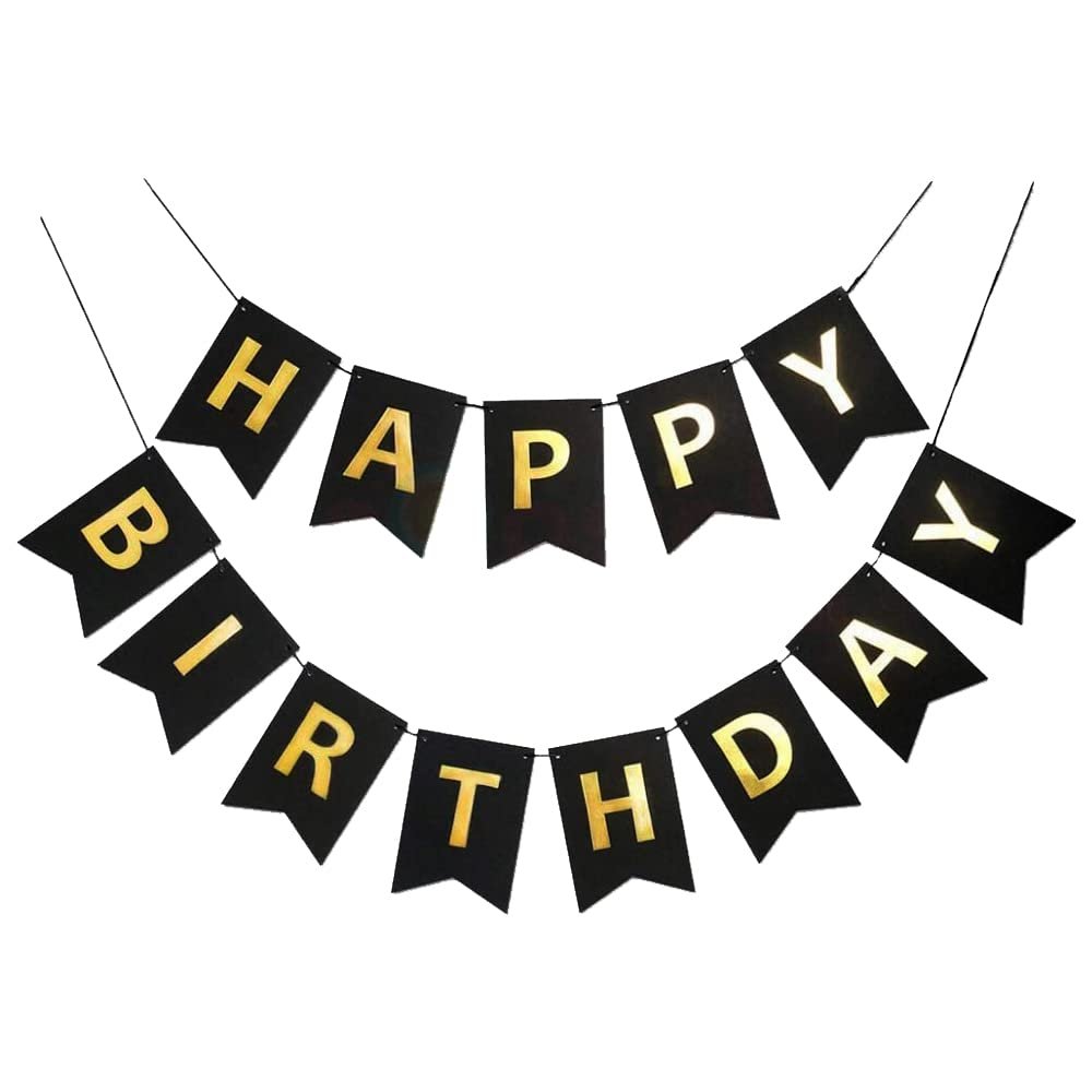Propsicle Black Happy Birthday Banner Fishtail Cardstock Flags with Golden Foil Letters, 13 Pieces Reusable Decoration Backdrop for Birthday Celebration Home Room Setup