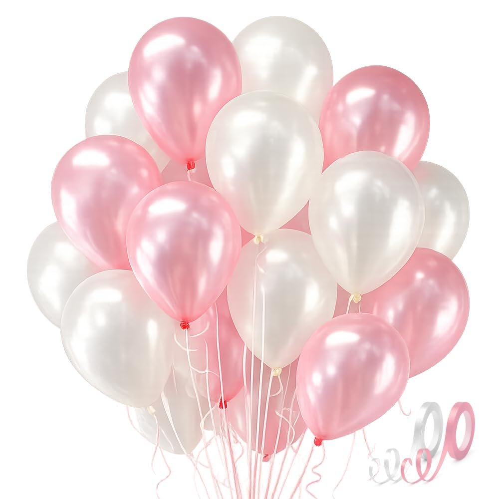 AMFIN Metallic Balloons white & Pink for Birthday Decoration (Pack of 50)