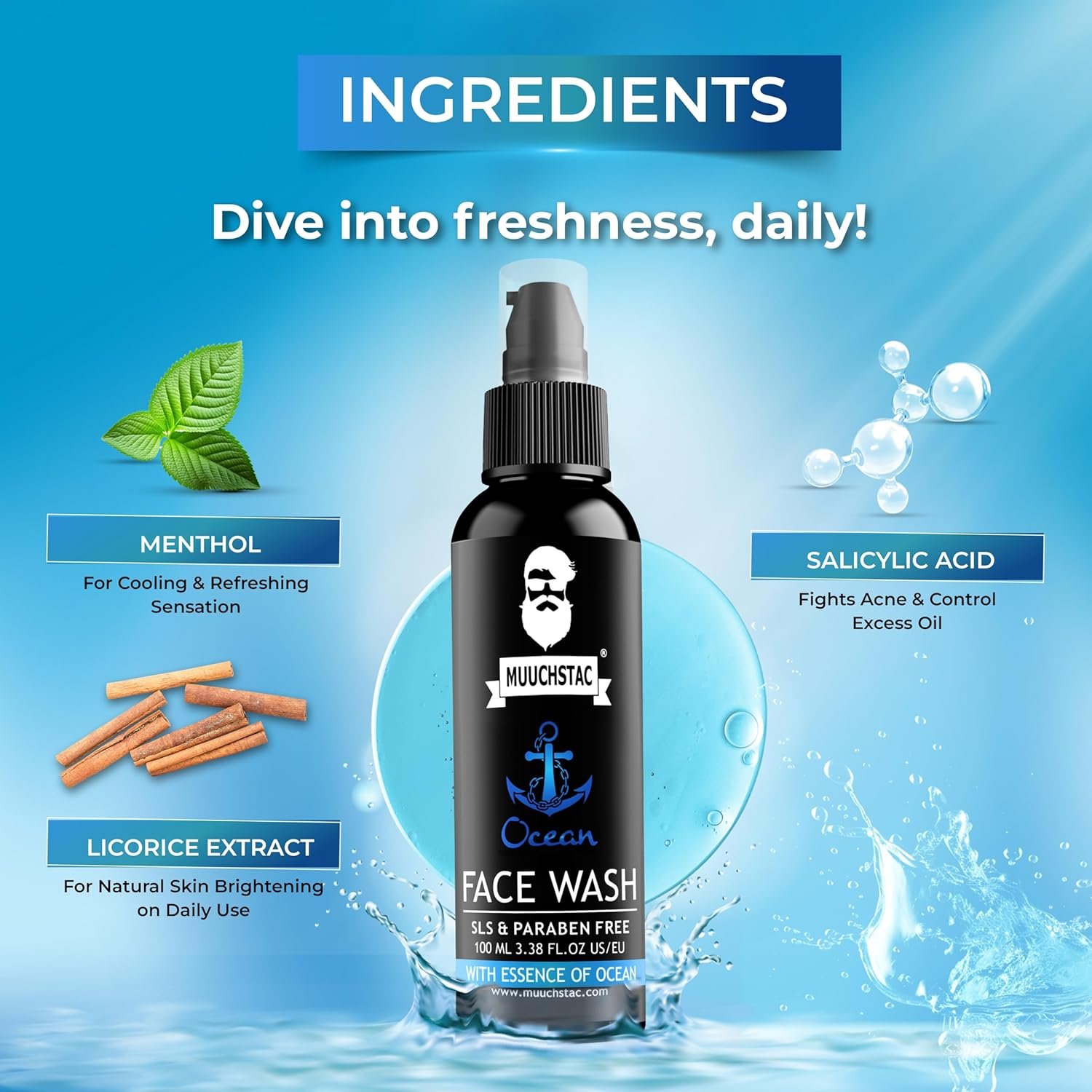 Muuchstac Ocean Face Wash for Men | Fight Acne & Pimples, Brighten Skin, Clears Dirt, Oil Control,