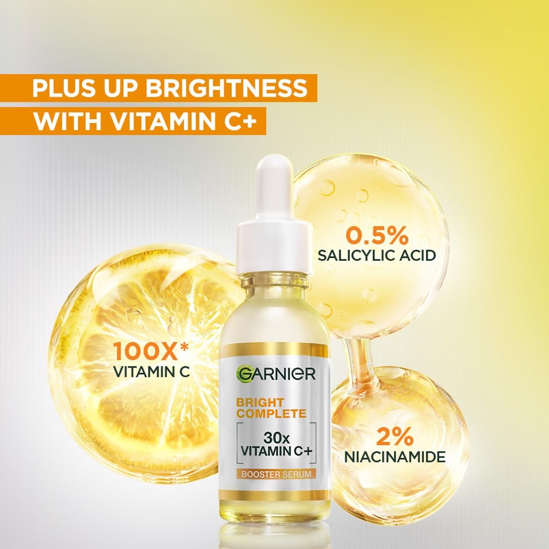 Garnier Vitamin C + Face Serum for Skin Brightening & Anti-Dark Spots|100X Stronger than Vit C |2% Niacinamide 0.5% Salicylic Acid / BHA |Suitable for Oily , Dry , Sensitive Skin |For Men & Women 15ml