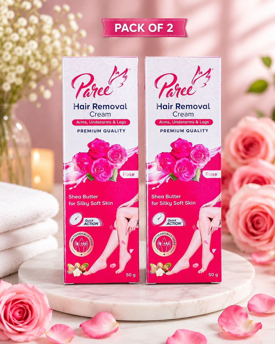 PAREE HAIR REMOVAL cream Arms, Underarms & Legs Premium quality Shea Butter for silky soft skin ROSE ( PACK OF 2 )