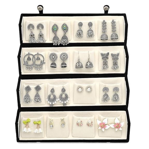 Oxidized Designer Stud Earrings Set of 16 with Folding Jewelry Box