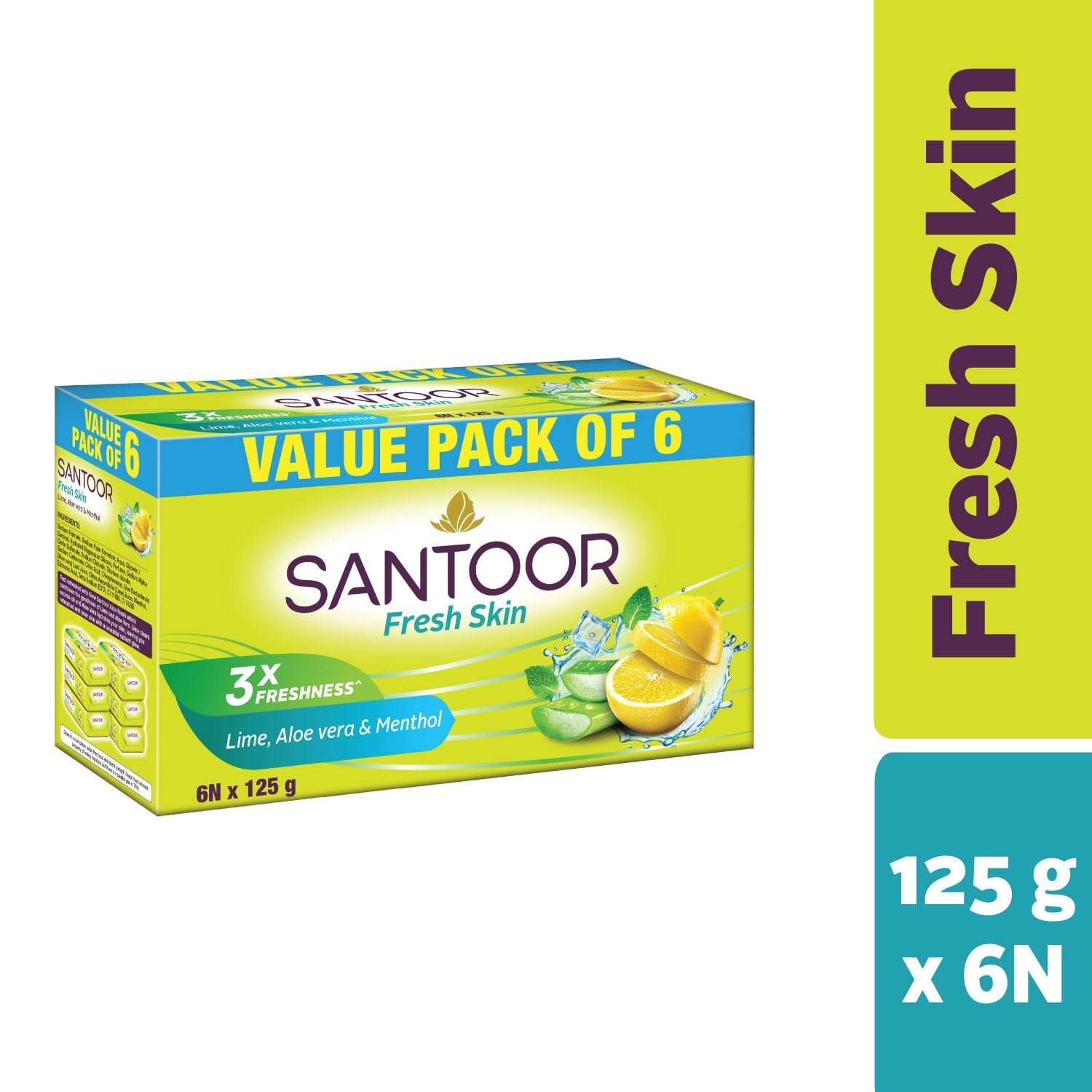 Santoor Fresh Skin Aloe Vera & Lime Bathing Soap with Nourishing & Anti-Aging Properties| For Smooth & Soft and Younger-Looking Skin| For All Skin Types| 125g, Pack of 6