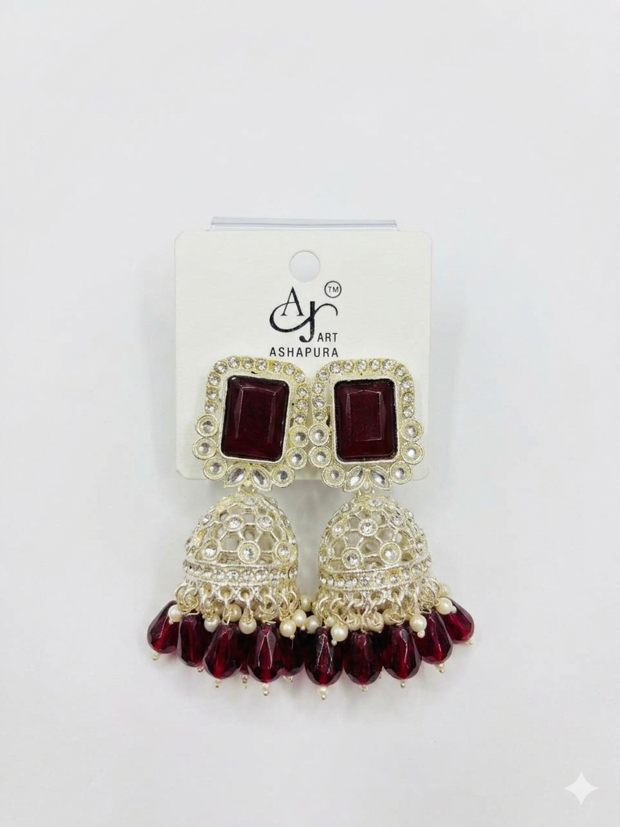 Pearls Maroon Stones Cluster Beads Drop Jhumka Earring For Women