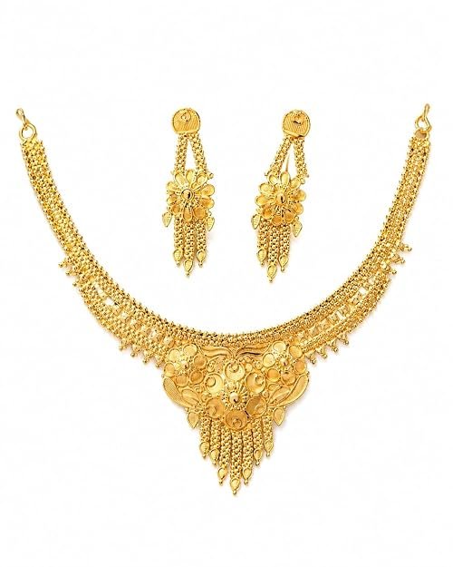 Gold Plated Traditional Necklace and Earring Jewellery Set, Bridal Ethnic Wear, Floral Design, 2 Piece