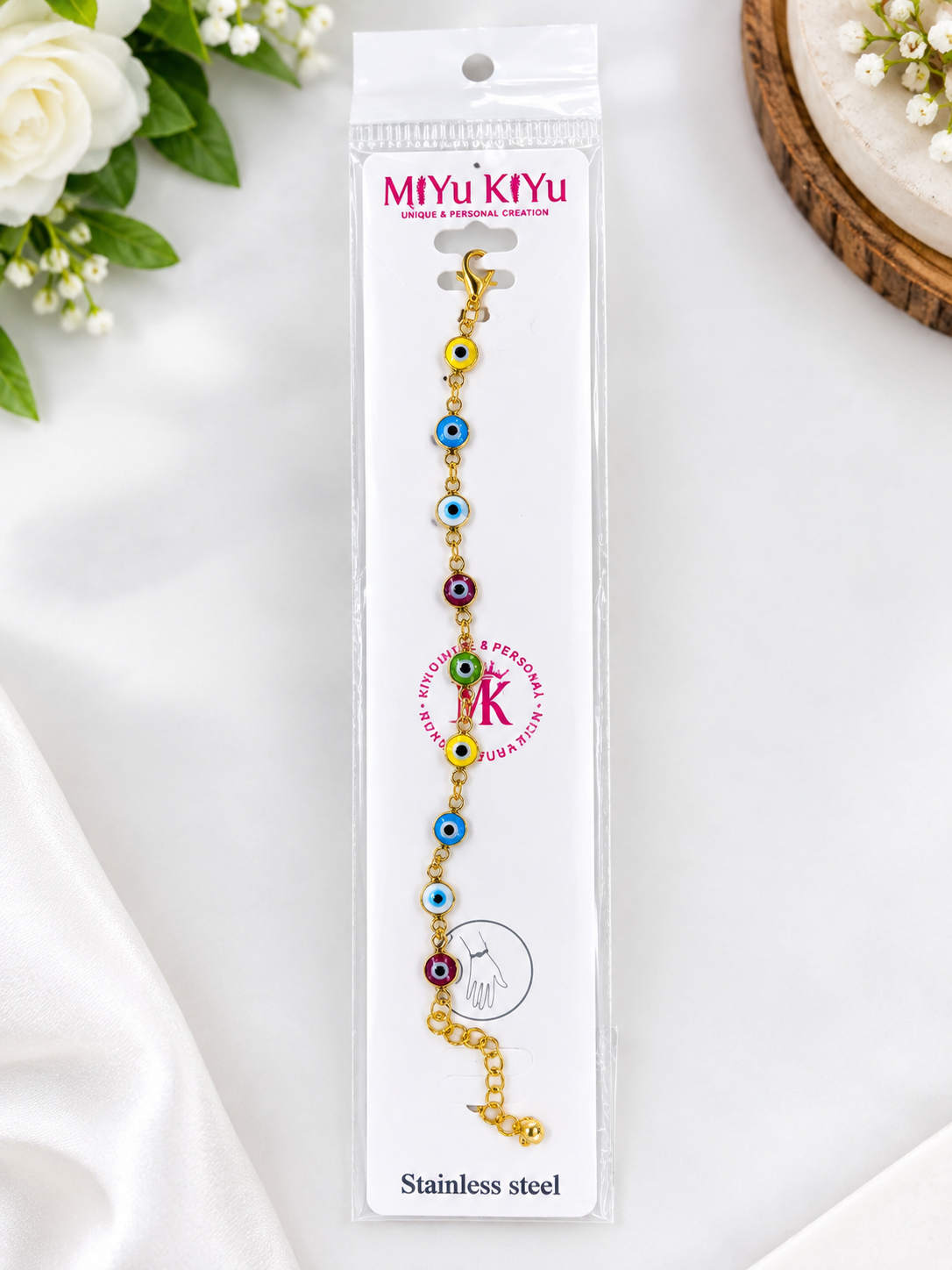 Stylish Multicolor Evil Eye Hand Bracelet | Gold Finish Stainless Steel Bracelet