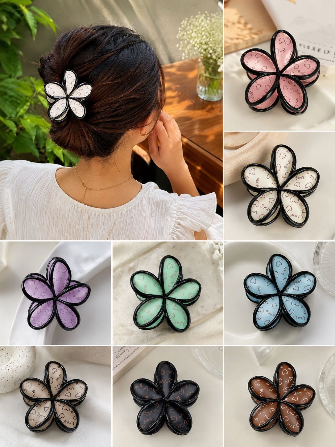 3 Pcs Medium Size stylish printed love Flower Claw Clips for Women and Girls - Matte Finish Pastel Hair Clips