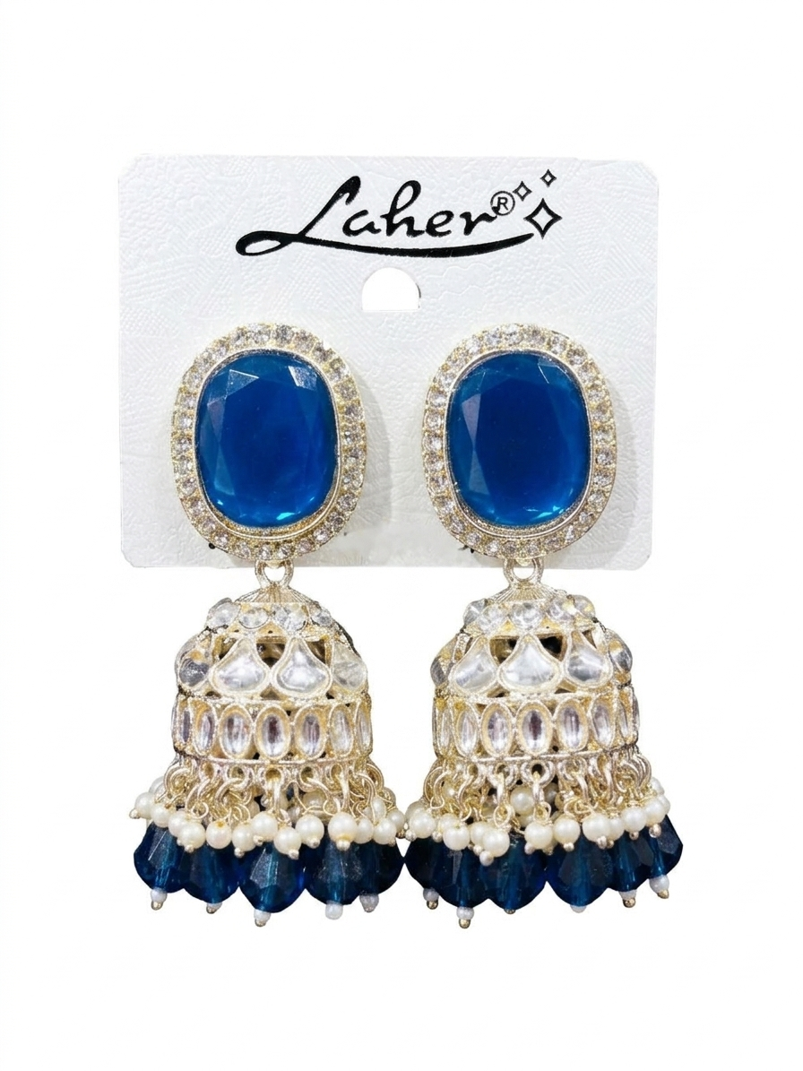 Pearls Blue Stones Cluster Beads Drop Jhumka Earring For Women