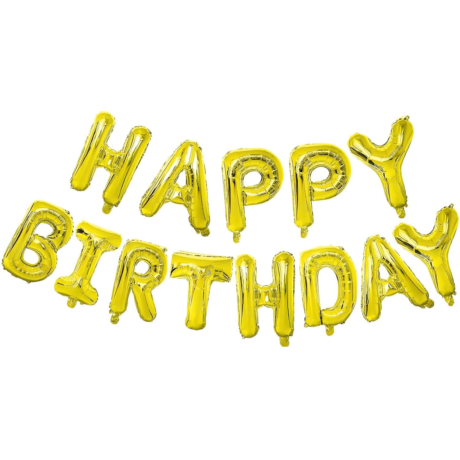 Flyloons Golden Colour Happy Birthday Foil Balloon Banner Set For Boys Girls Kids Men Women | 13 Letters Reusable Happy Birthday Metallic Foil Balloons Decoration Kit, 13 Pcs