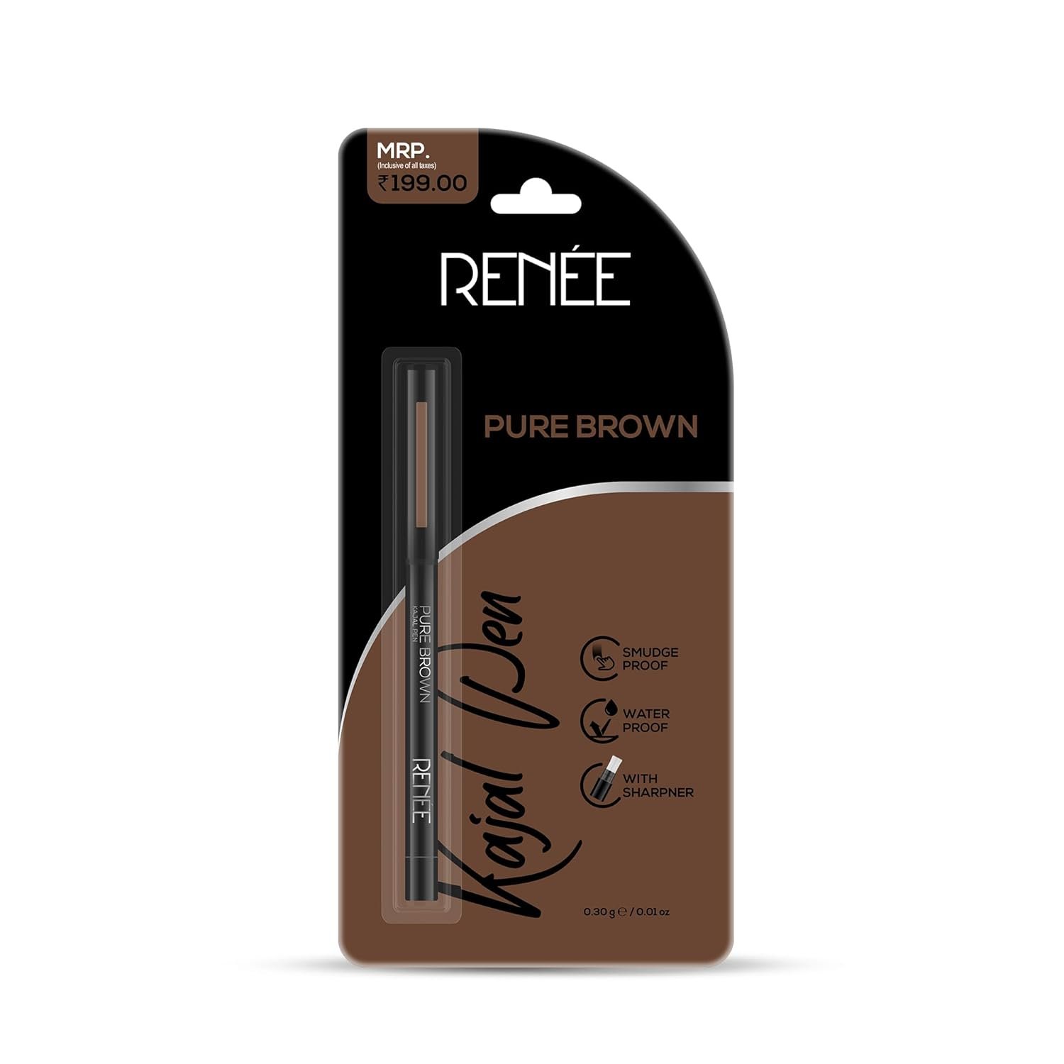 RENEE Pure Brown Kajal Pen with Sharpener |24 Hrs Stay Long Lasting Kohl Pencil |Matte Finish, Rich Color Payoff