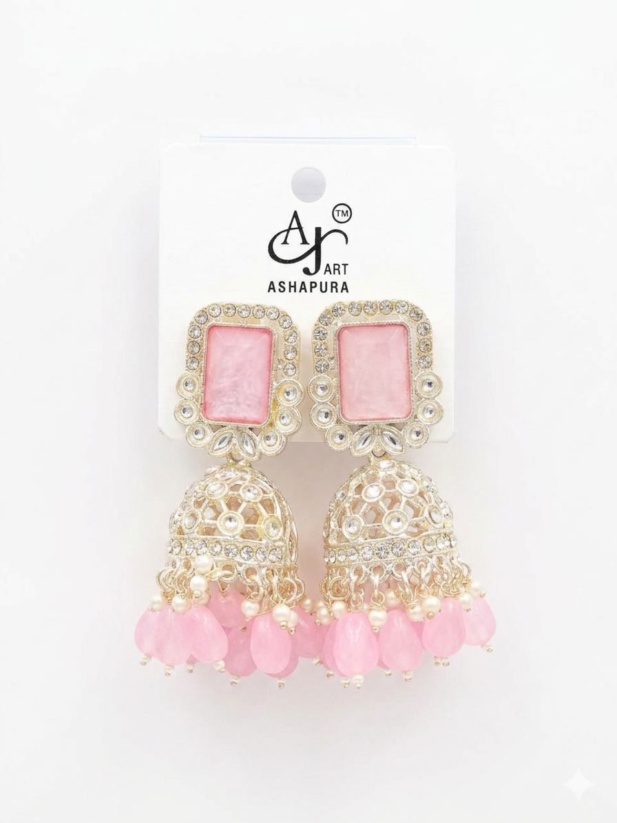 Pearls Pink Stones Cluster Beads Drop Jhumka Earring For Women