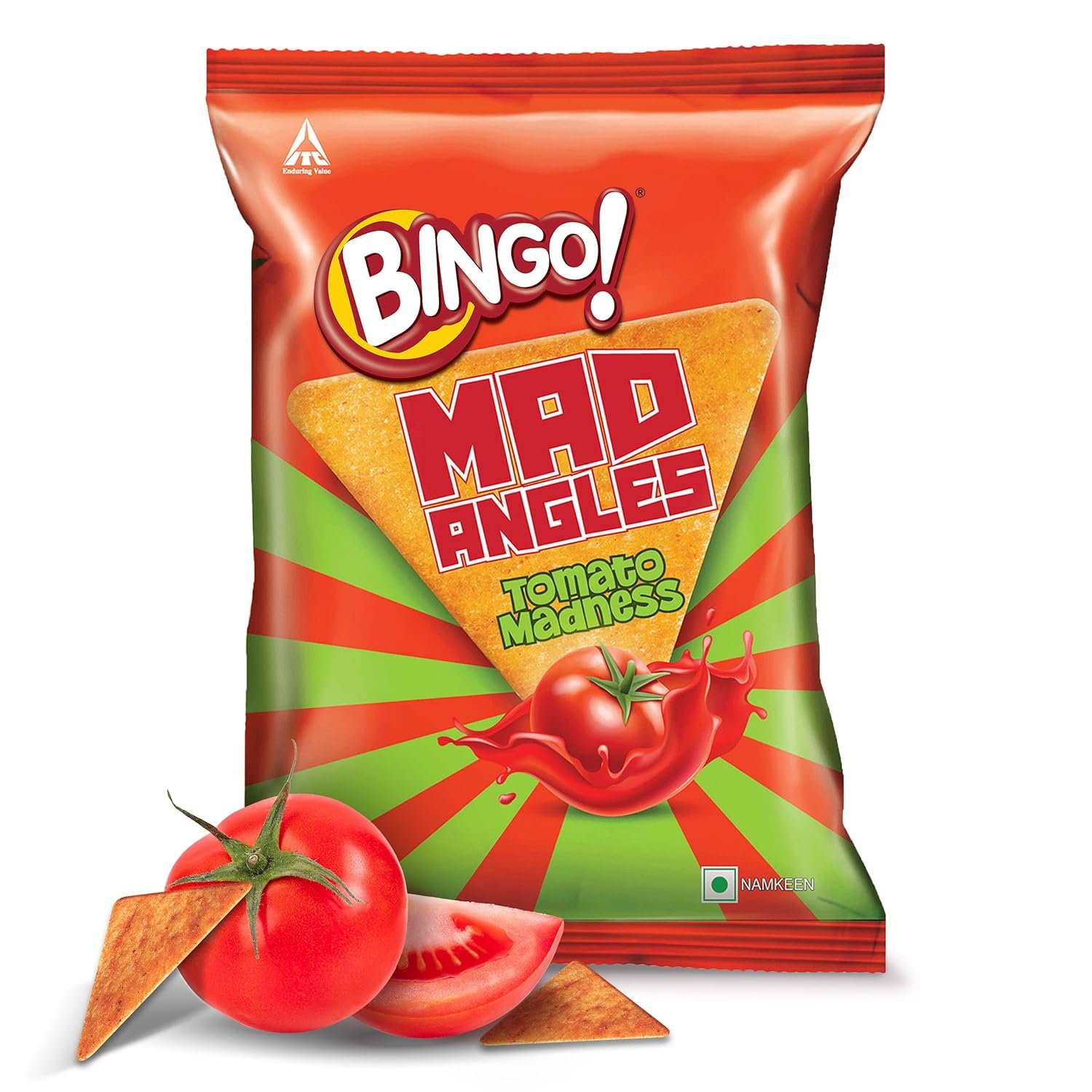 Bingo! Mad Angles Tomato Madness | Tangy & Crispy Tomato Flavoured Corn-Based Triangle Chips| Pack for Snacks -