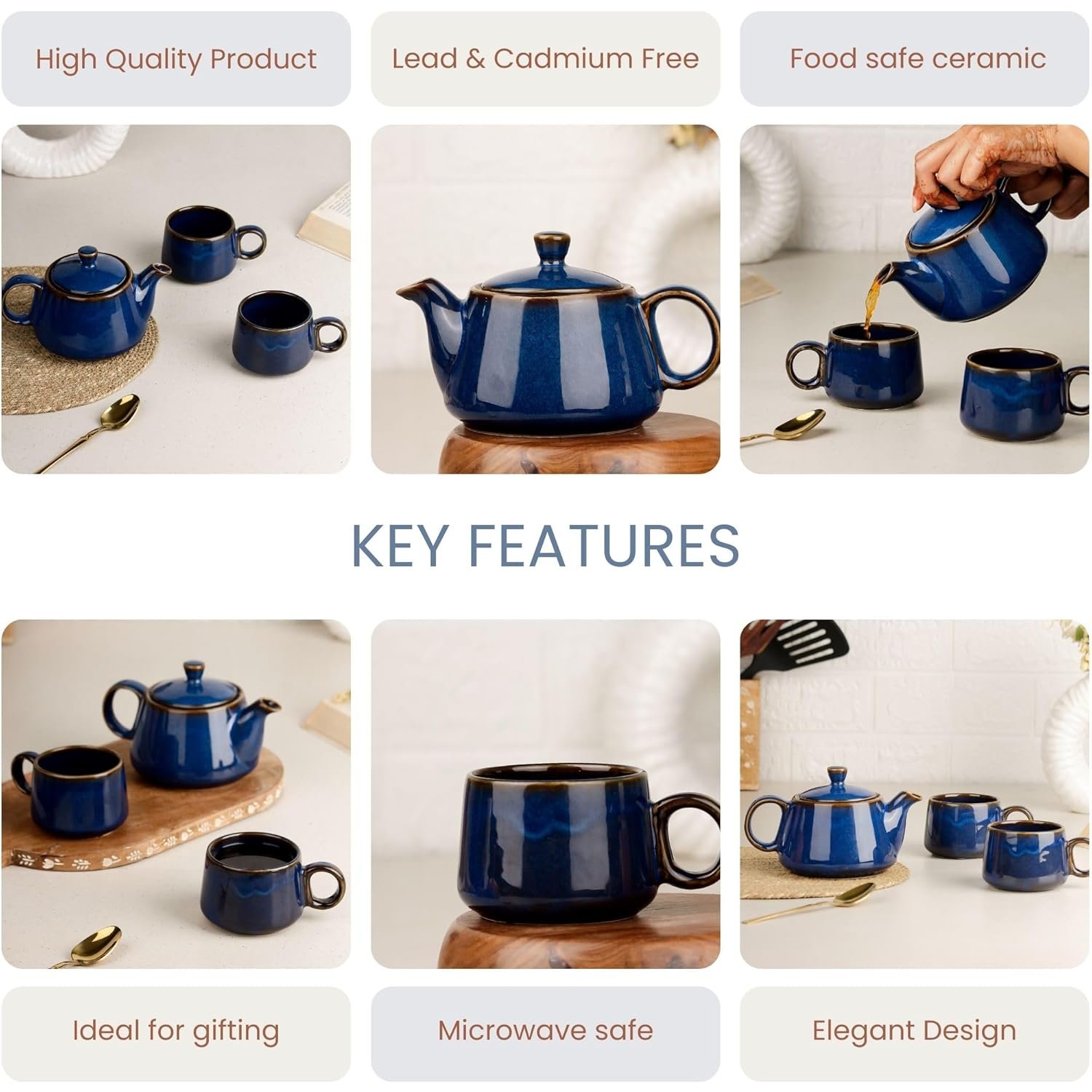 Premium Navy Blue Glaze Ceramic Morning Tea Set - 4 Tea Cups & 1 Kettle