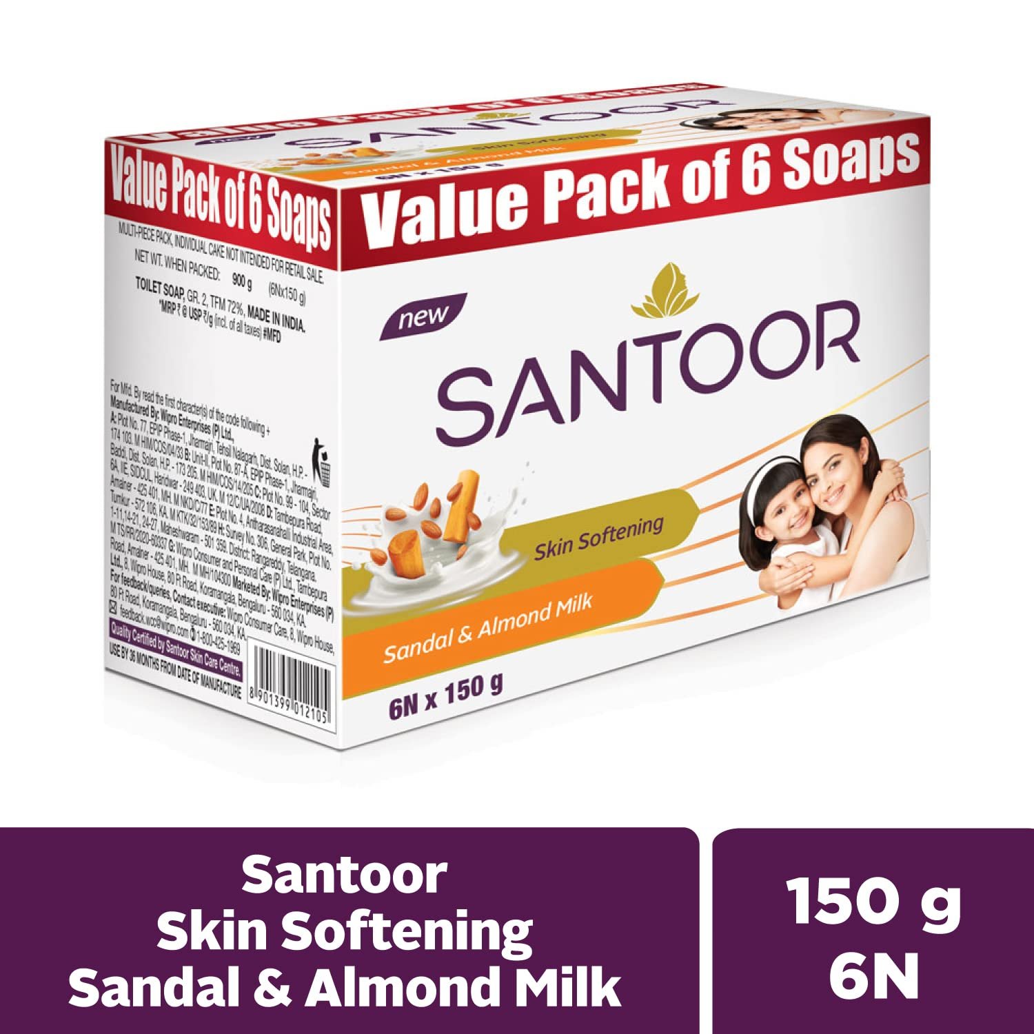 Santoor Skin Softening Sandal & Almond Milk Bathing Soap with Nourishing & Anti-Aging Properties| For Smooth & Soft and Younger-Looking Skin| For All Skin Types| 150g, Pack of 6