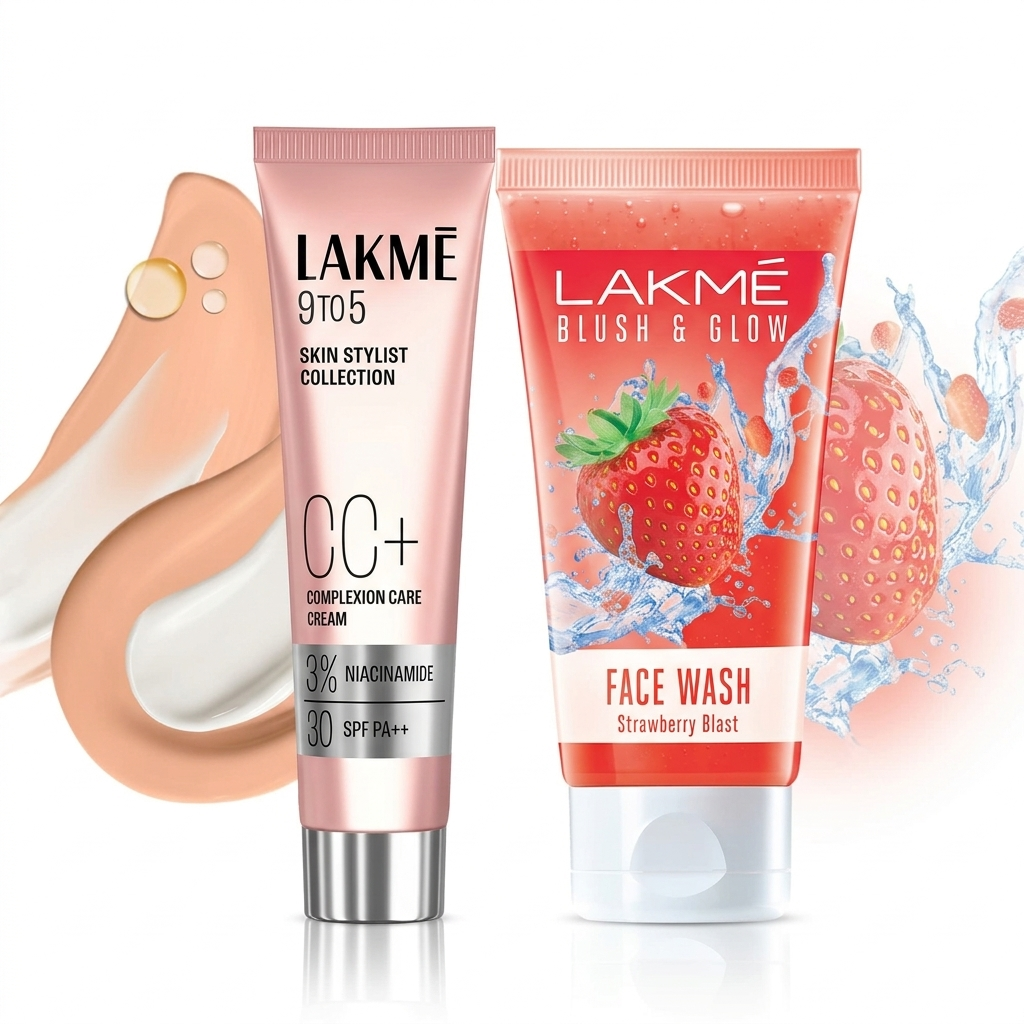 Lakme 9 to 5 CC Cream Beige with 3% Niacinamide Complex SPF30 PA++ Lakme Blush & Glow Strawberry Freshness Gel Face Wash ( combo Pack )