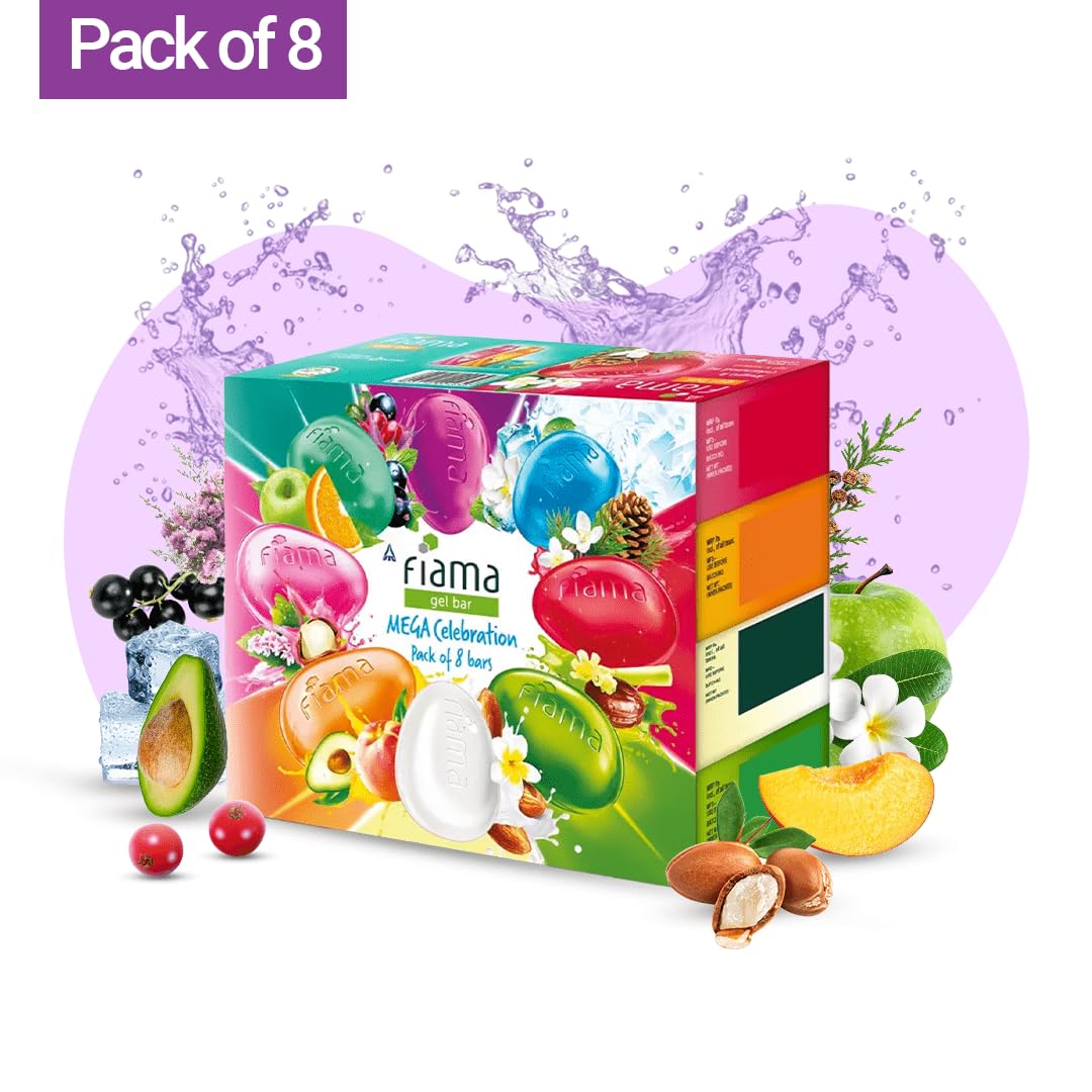 Fiama Gel Bathing Bar Mega Celebration Pack, With 8 Unique Gel Bars, 1000g (125g - Pack of 8), with Skin Conditioners For Moisturized Skin, Soap for Women & Men, For All Skin Types