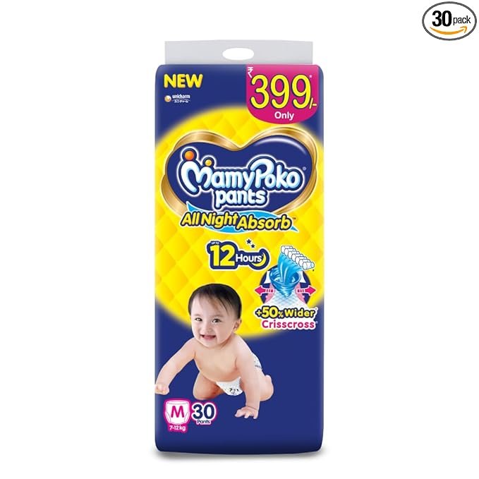 MamyPoko Pants All Night Absorb Baby Diapers, Medium (M), 30 Count 7-12 kg