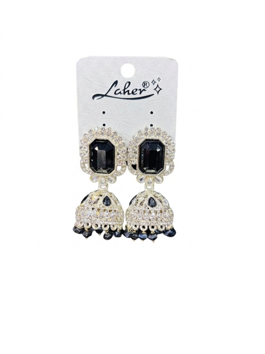 Pearls Black Stones Cluster Beads Drop Jhumka Earring For Women